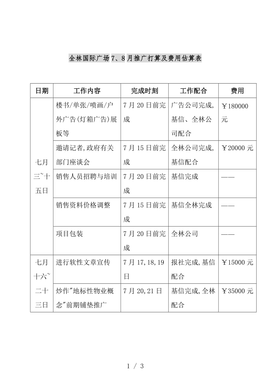 全林国际推广计划及费用估算表_第1页