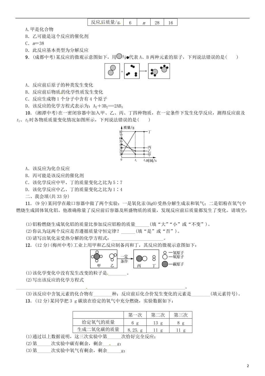 2017年秋九年级化学上册 第五单元 化学方程式综合卷 （新版）新人教版_第2页