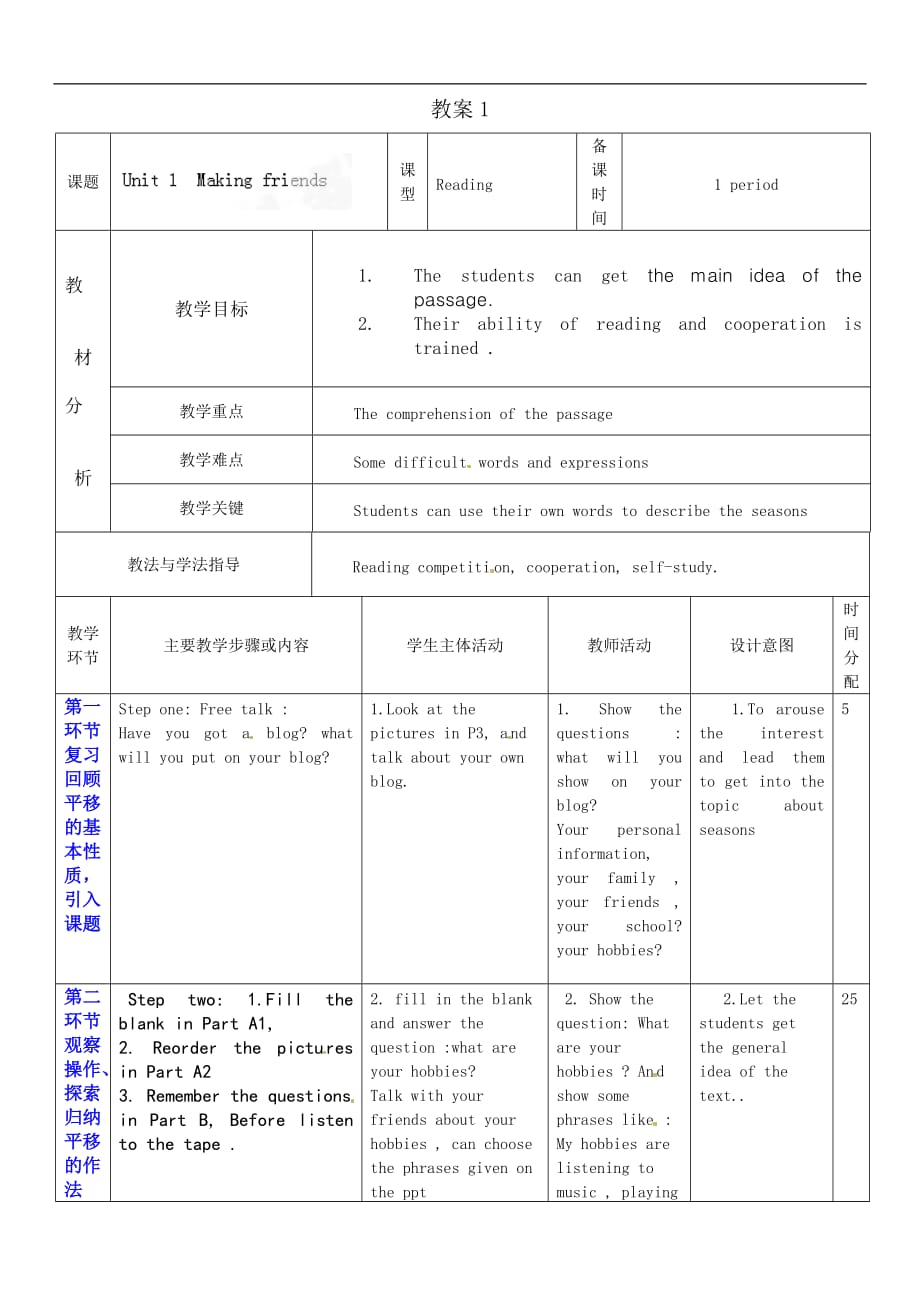 牛津深圳版七年级英语上册unit1 教案2_第1页