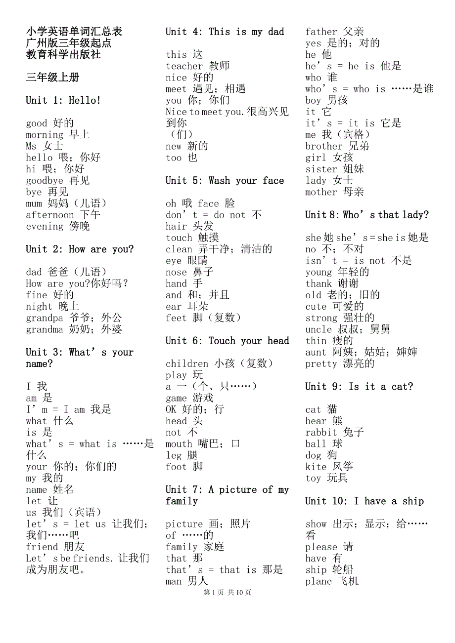 小学英语单词汇总表,广州版(适合打印)_第1页