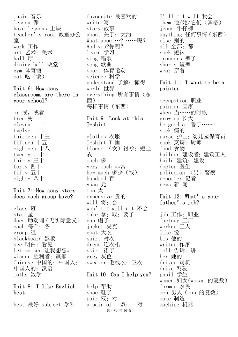 小学英语单词汇总表,广州版(适合打印)_第4页