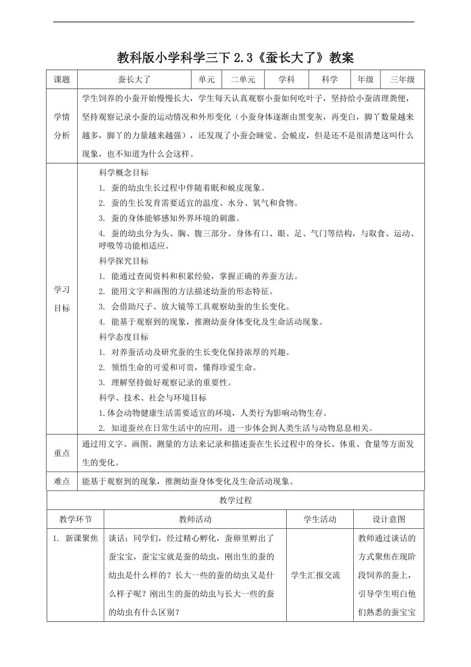 新教科版科学三年级下2.3蚕长大了表格式教案_第1页