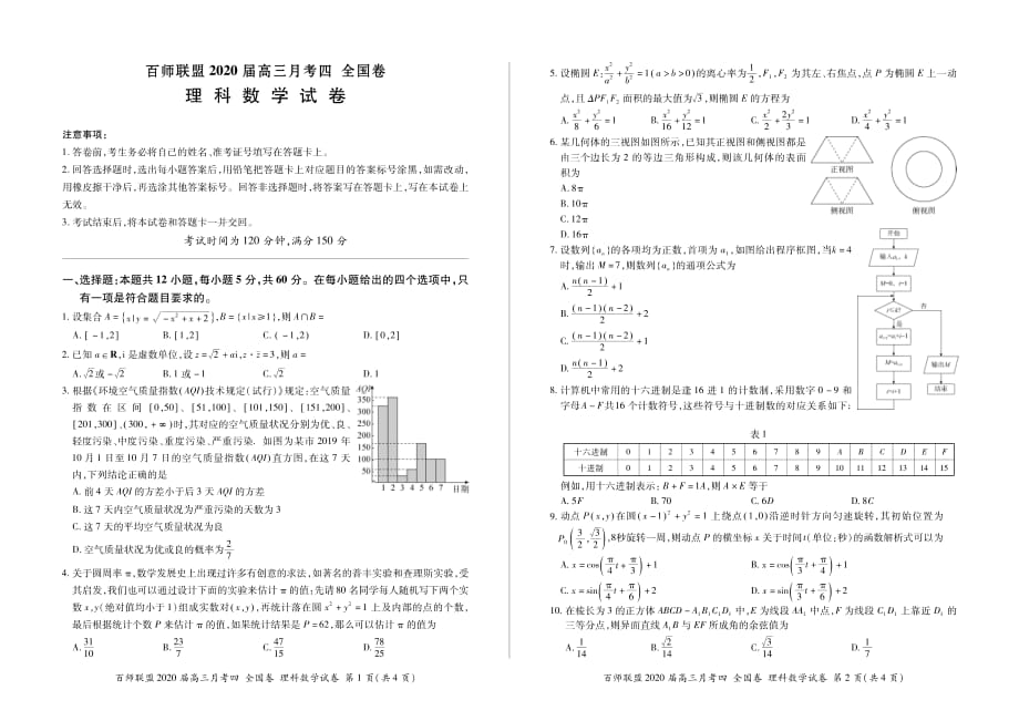 百师联盟2020届高三理科数学月考四 全国卷 无答案_第1页