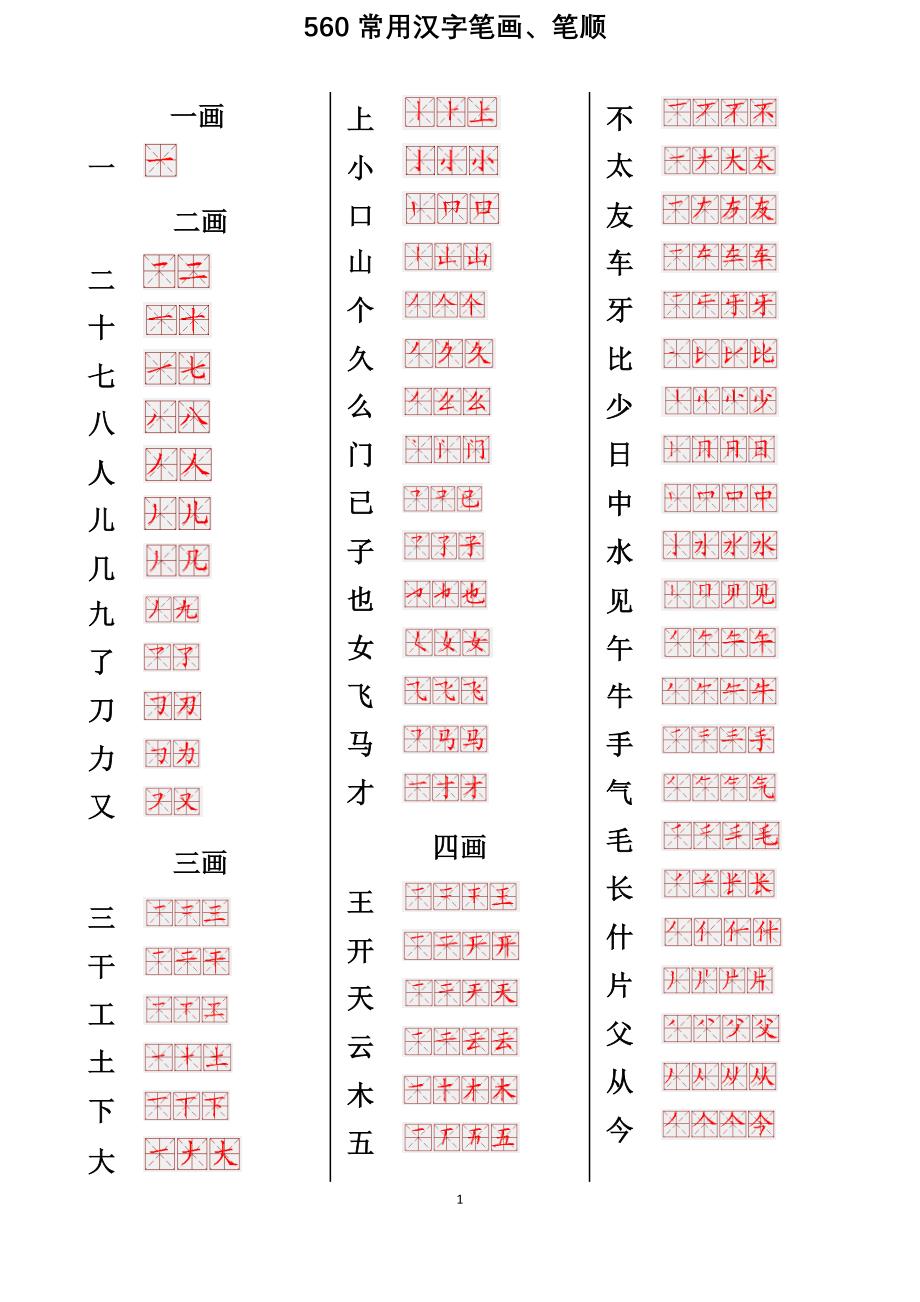 书法-560常用汉字笔画笔顺表_第1页