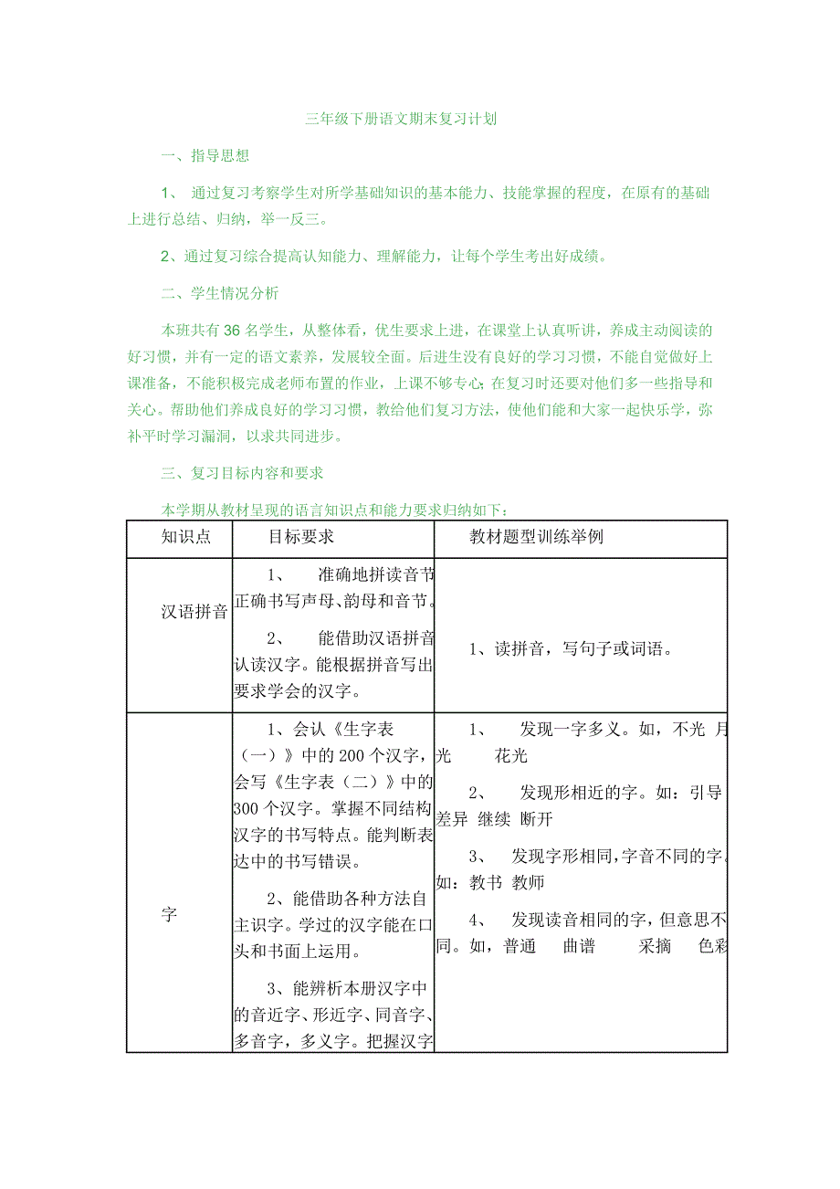 2011学年三年级下册语文期末复习计划.doc_第1页