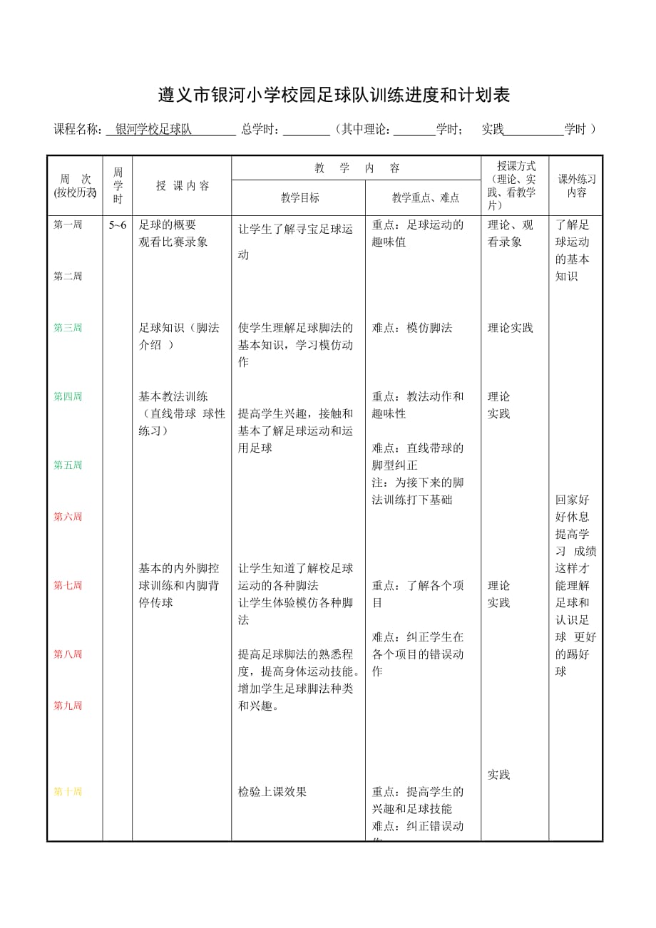 银河小徐校园足球训练进度和计划表.doc_第1页