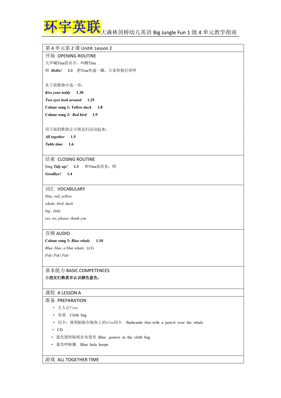 大森林剑桥幼儿英语BigJungleFun1级4单元教学指南.docx_第4页