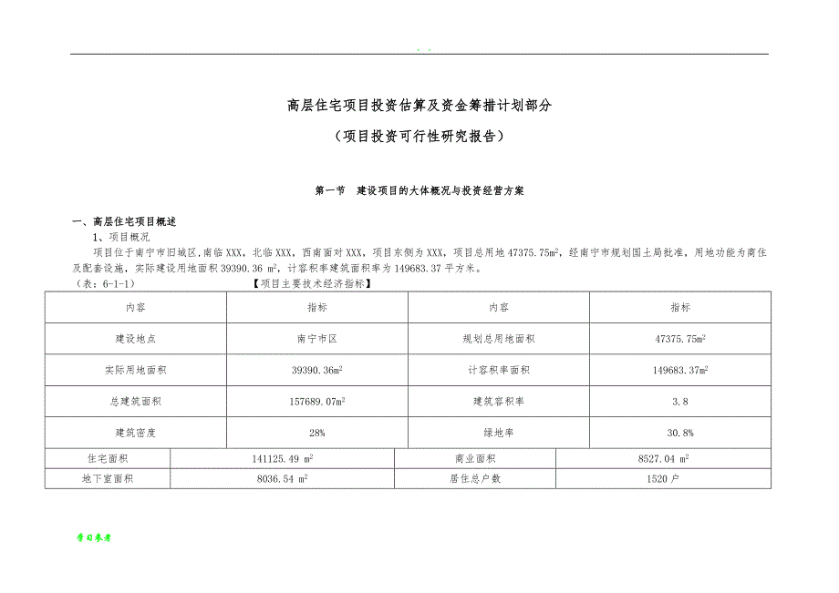 住宅项目投资估算及资金筹措计划项目投资可行性实施报告_第1页