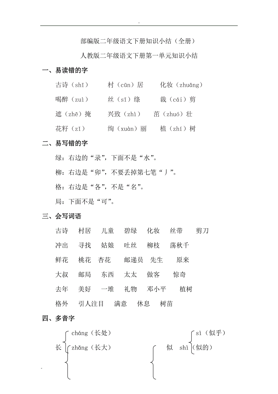 部编版二年级语文下册知识小结（全册）人教版二年级语文下册第一单元知识小结_第1页