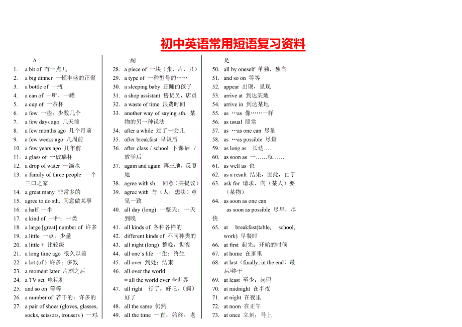 初中英语复习资料-常用短语.doc_第1页