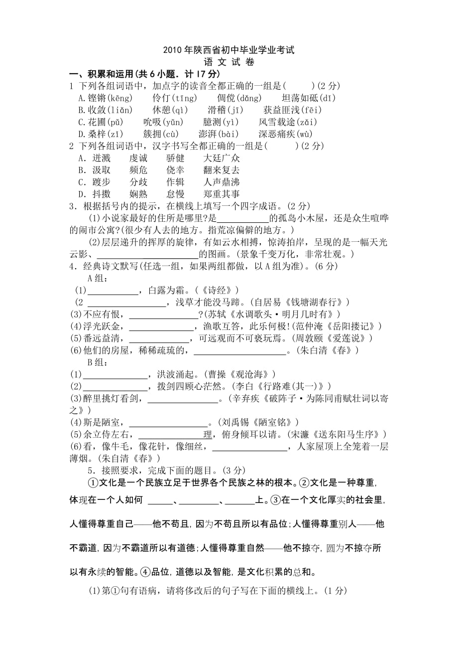 2010年陕西中考试卷（语文）.doc_第1页