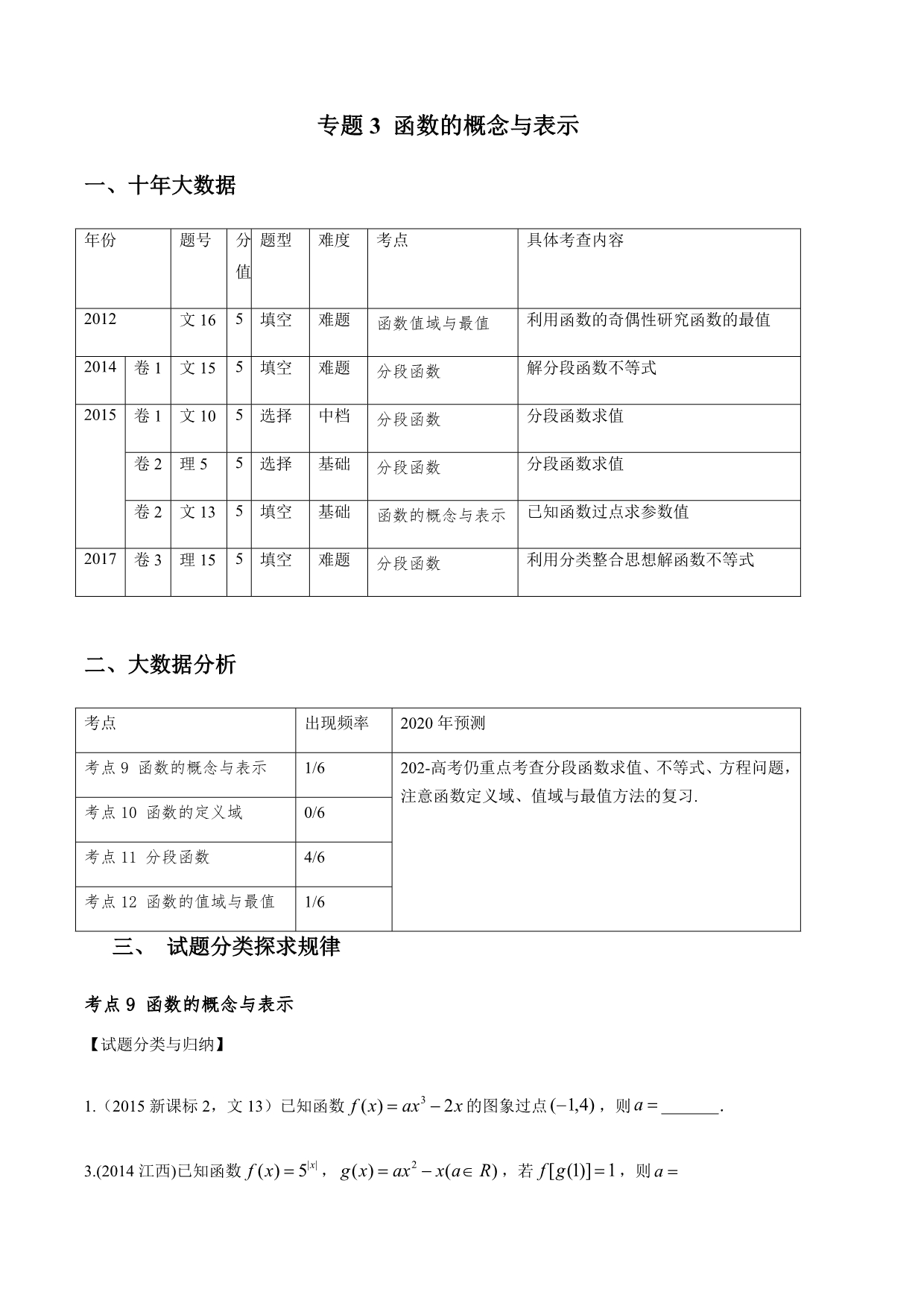 十年高考（2010-2019）数学之大数据分析与预测 函数的概念与表示（原卷版）_第1页