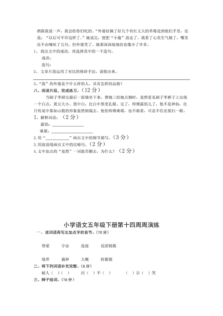 小学语文五年级下册13-14周演练及答案.doc_第2页