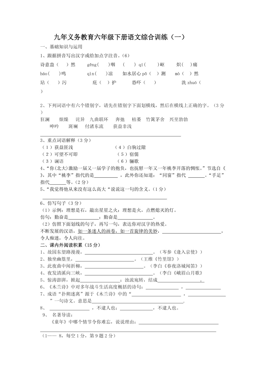 九年义务教育六年级下册语文综合训练.doc_第1页