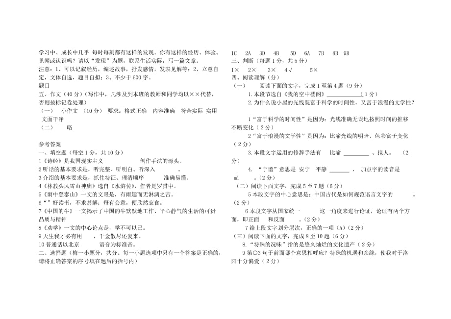 社旗职专2010至2011学年第一学期职一年级语文期末试卷.doc_第4页