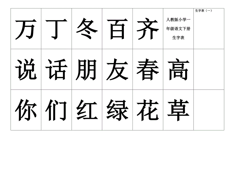 （人教版）小学语文一年级（下册）生字表（制作卡片）.doc_第1页