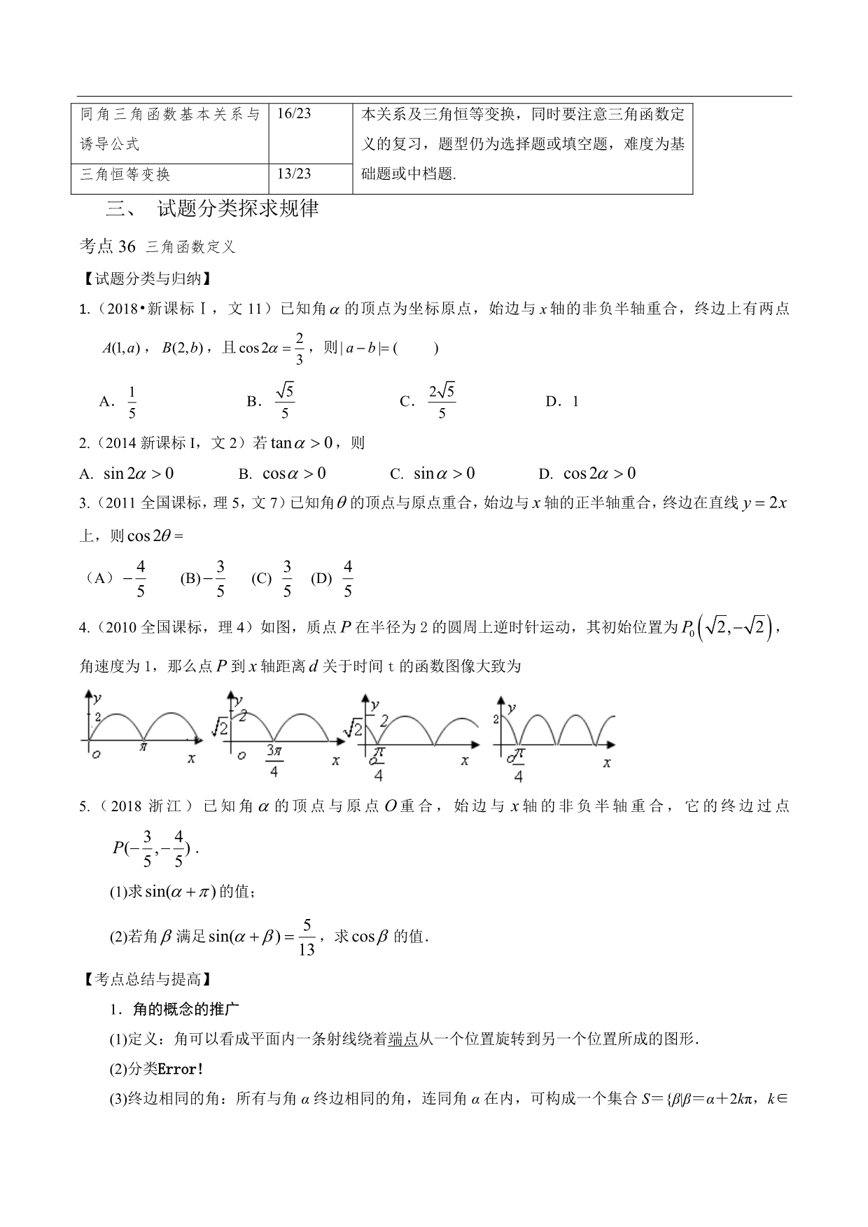 十年高考（2010-2019）数学之大数据分析与预测三角函数定义与三角函数恒等变换【原卷版】_第3页