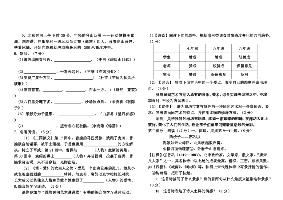 2011年潍城区九年级语文教学质量检测.doc_第2页