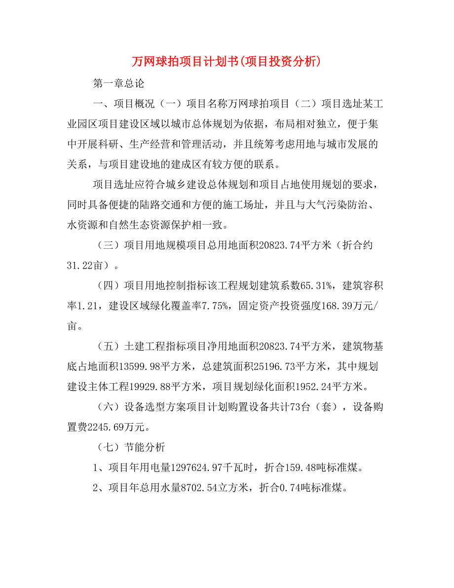 万网球拍项目计划书(项目投资分析)_第1页