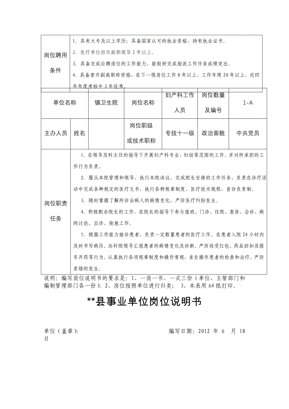 镇卫生院2012事业单位岗位说明书.doc_第2页