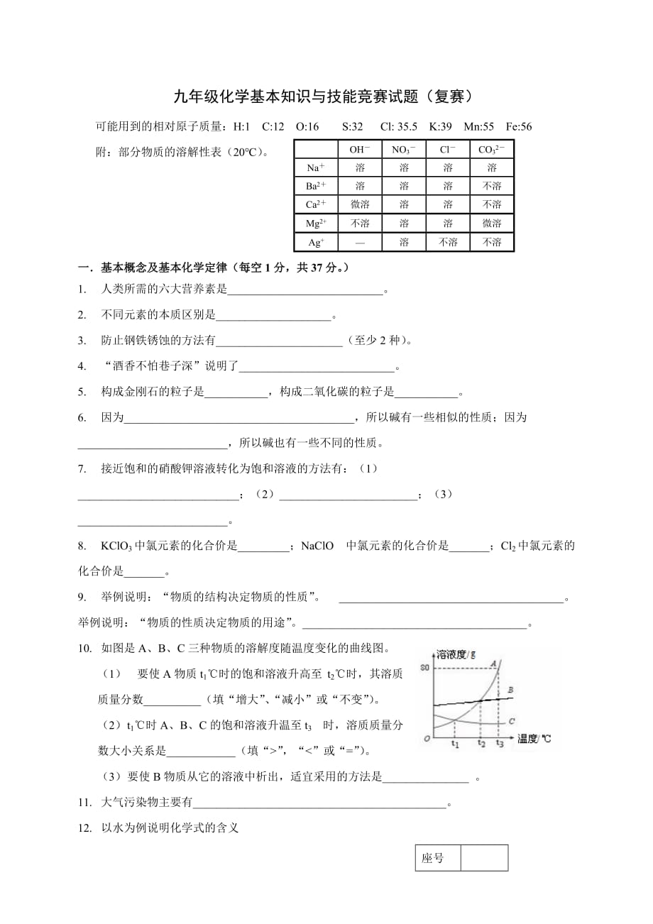 2011年郑州市初中化学基础知识竞赛.doc_第1页