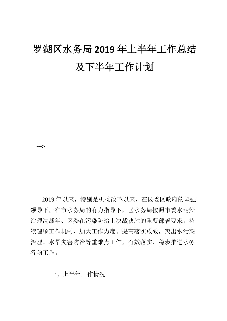 罗湖区水务局2019年上半年工作总结及下半年工作计划_第1页