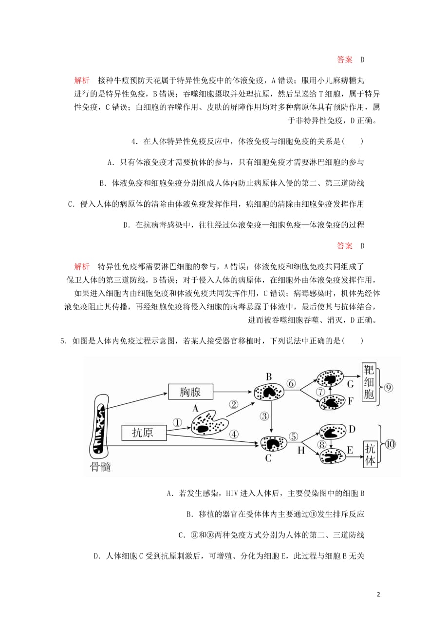 高考生物一轮复习第8单元生命活动的调节第27讲免疫调节课后作业含解析必修3_第2页