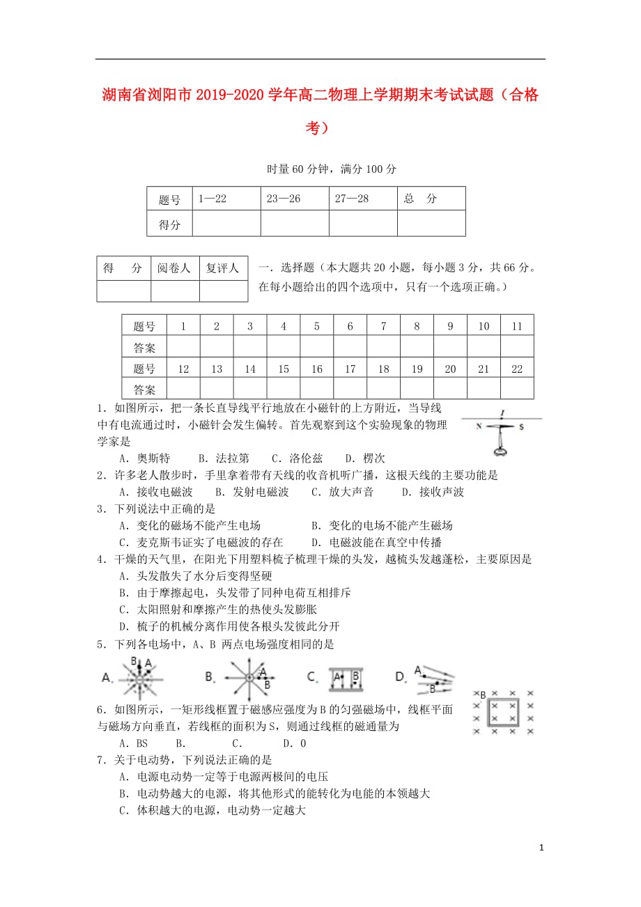 湖南省浏阳市2019_2020学年高二物理上学期期末考试试题合格考_第1页