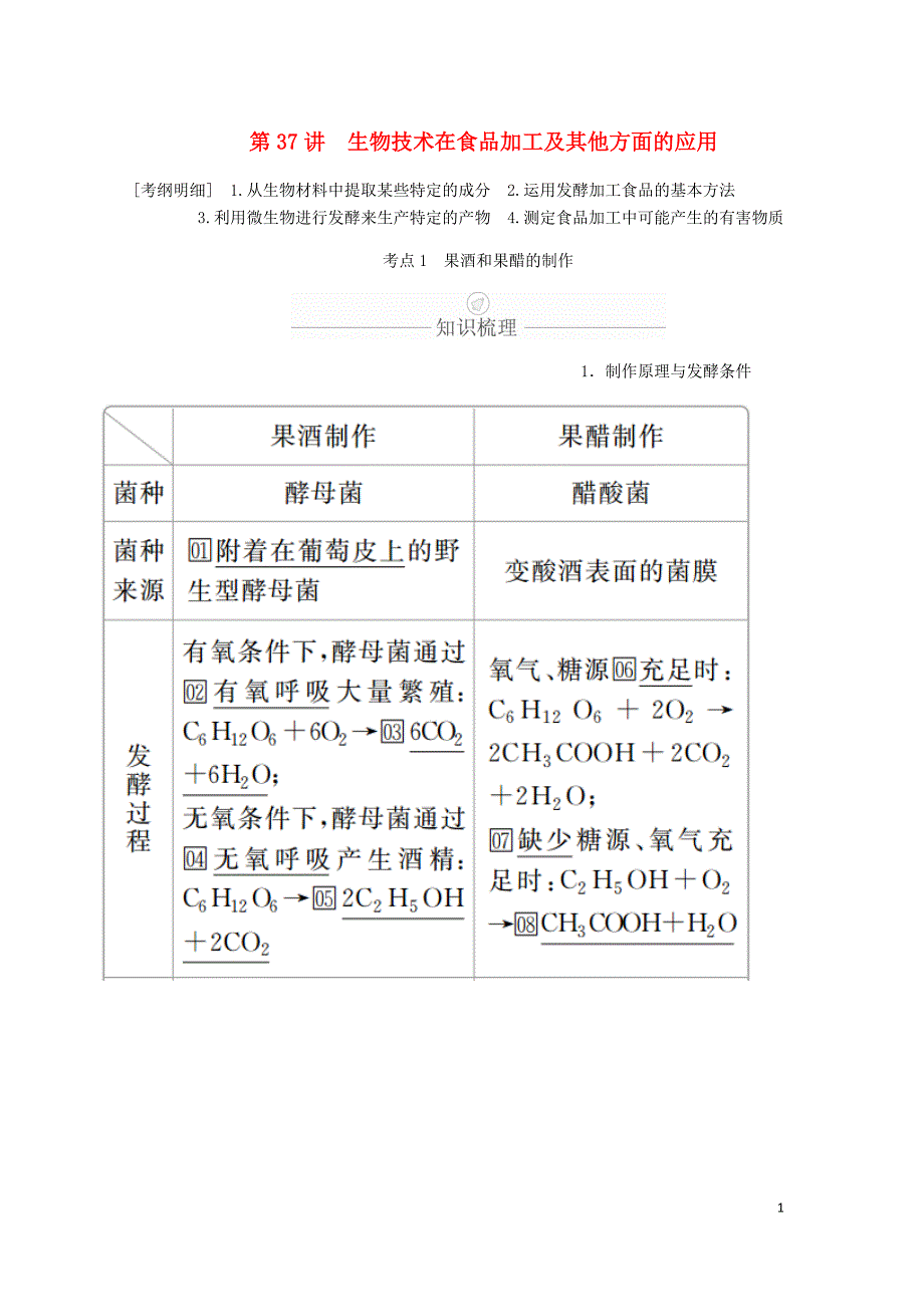 高考生物一轮复习第11单元生物技术实践第37讲生物技术在食品加工及其他方面的应用学案含解析选修1_第1页