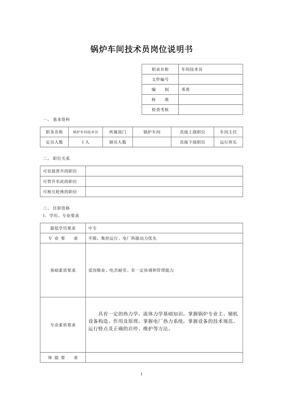 锅炉车间技术员岗位说明书_第1页