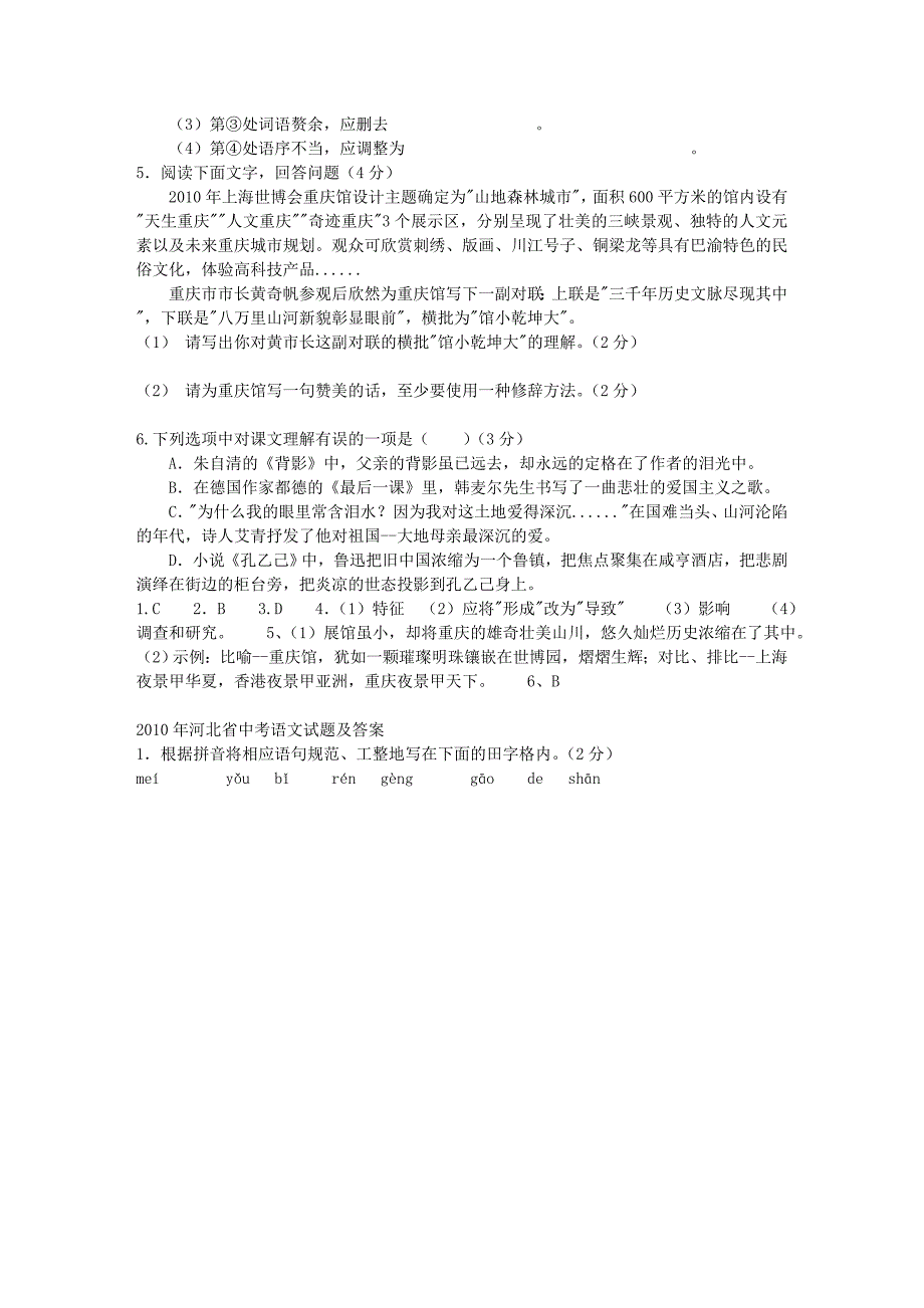 2010全国中考语文试题分类汇编-基础知识【52页】.doc_第4页