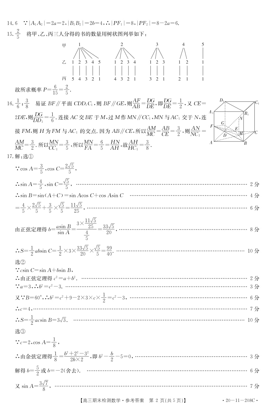 山东省临沂市2020届高三数学上学期期末考试试题（PDF）答案_第2页