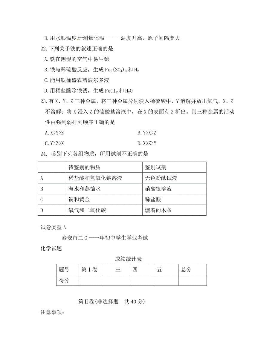 2020年泰安市中考化学试题及答案_第5页