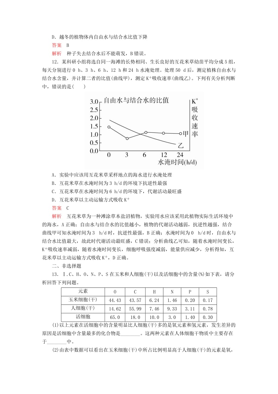 高考生物一轮复习第1单元走近细胞及细胞有分子组成第2讲细胞中的元素和化合物、细胞中的无机物课后作业（含解析）（必修1）_第4页