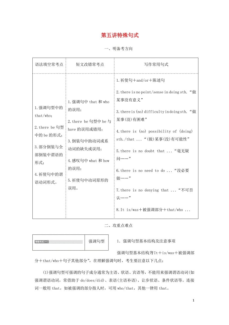 通用高考英语二轮复习第三板块语法填空与短文改错NO.2再研考点第二层级第五讲特殊句式讲义_第1页