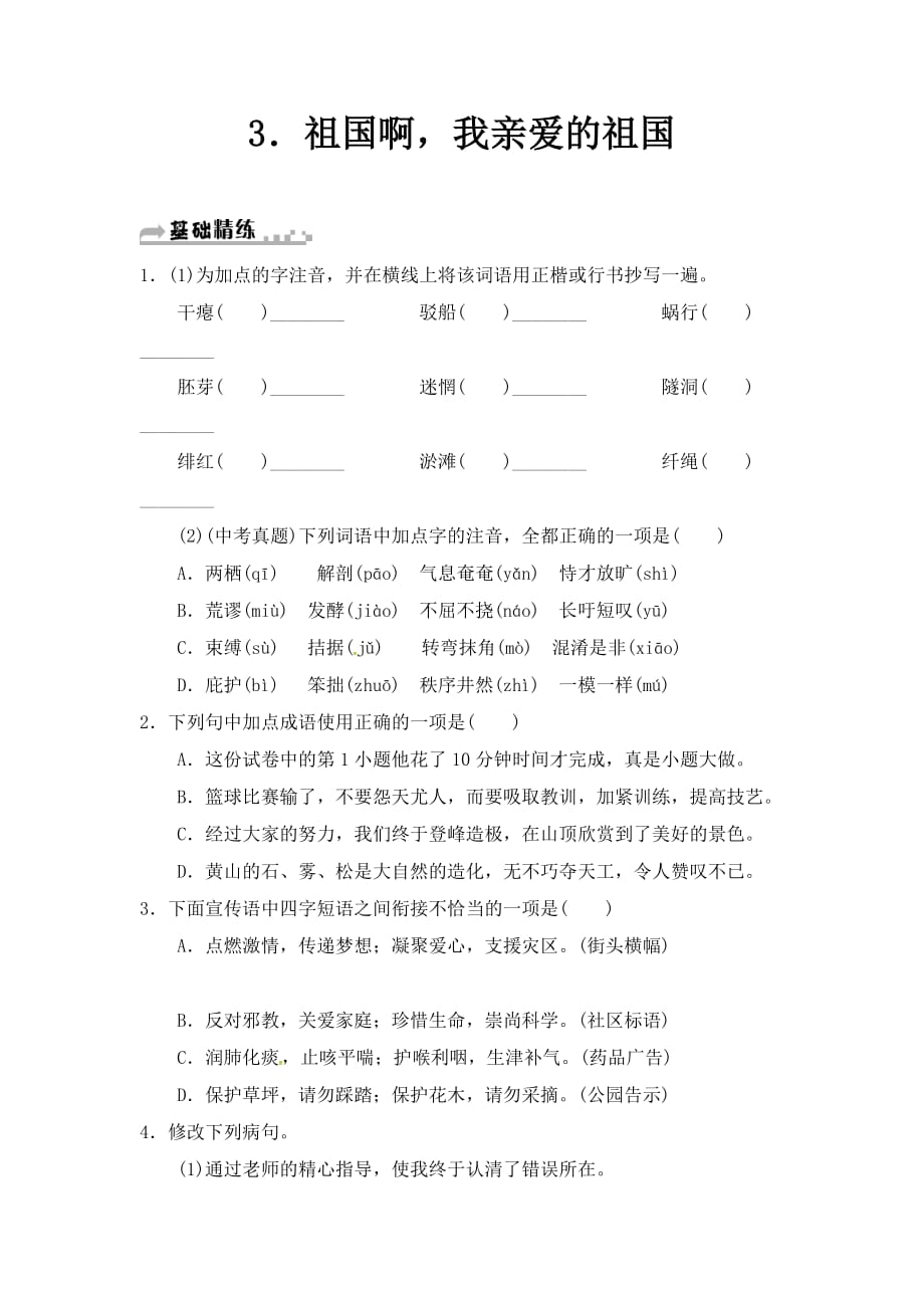 人教版九年级语文下册习题：第三课 祖国啊我亲爱的祖国_第1页