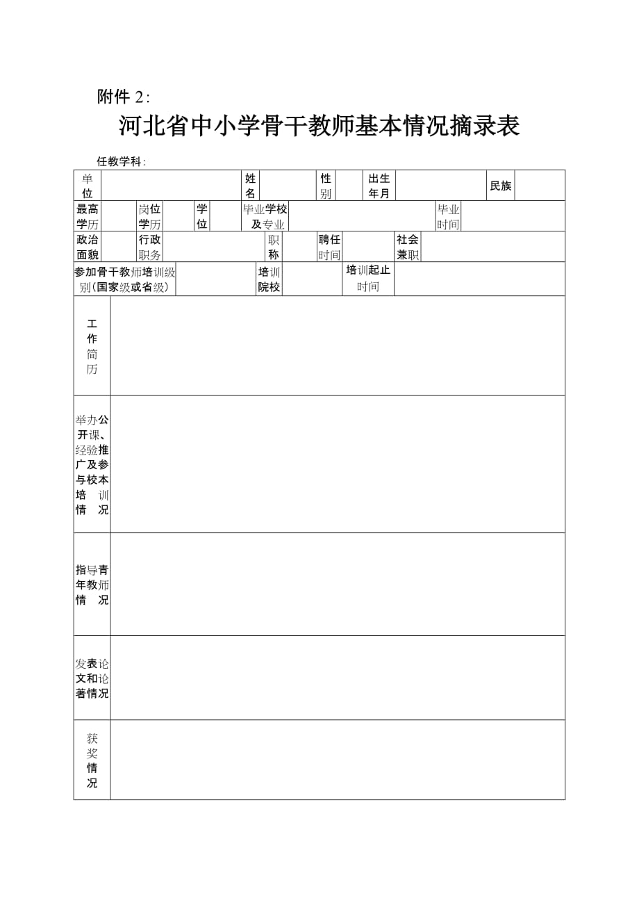 河北省中小学骨干教师基本情况摘录表.doc_第1页