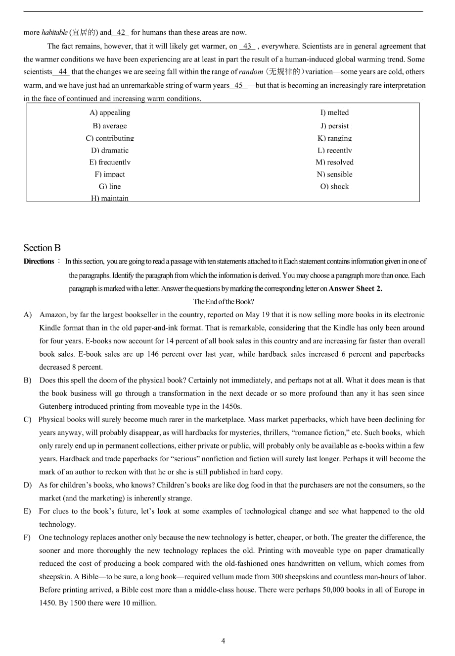 【真题回顾】CET考试English考级2014年6月年大学英语四级考试真题（二）_第4页