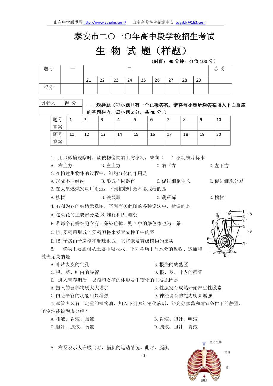 2010年泰安中考生物试题及答案（样题）.doc_第1页