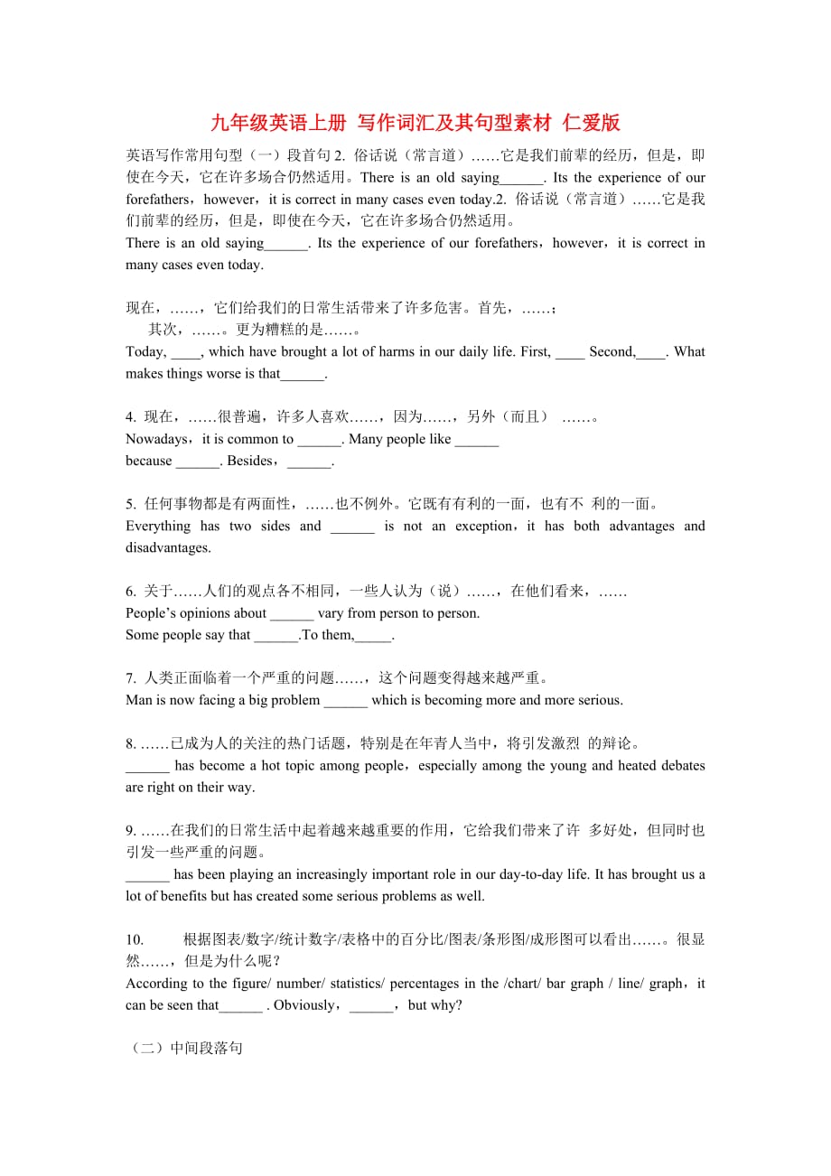 九年级英语上册写作词汇及其句型素材仁爱版.doc_第1页