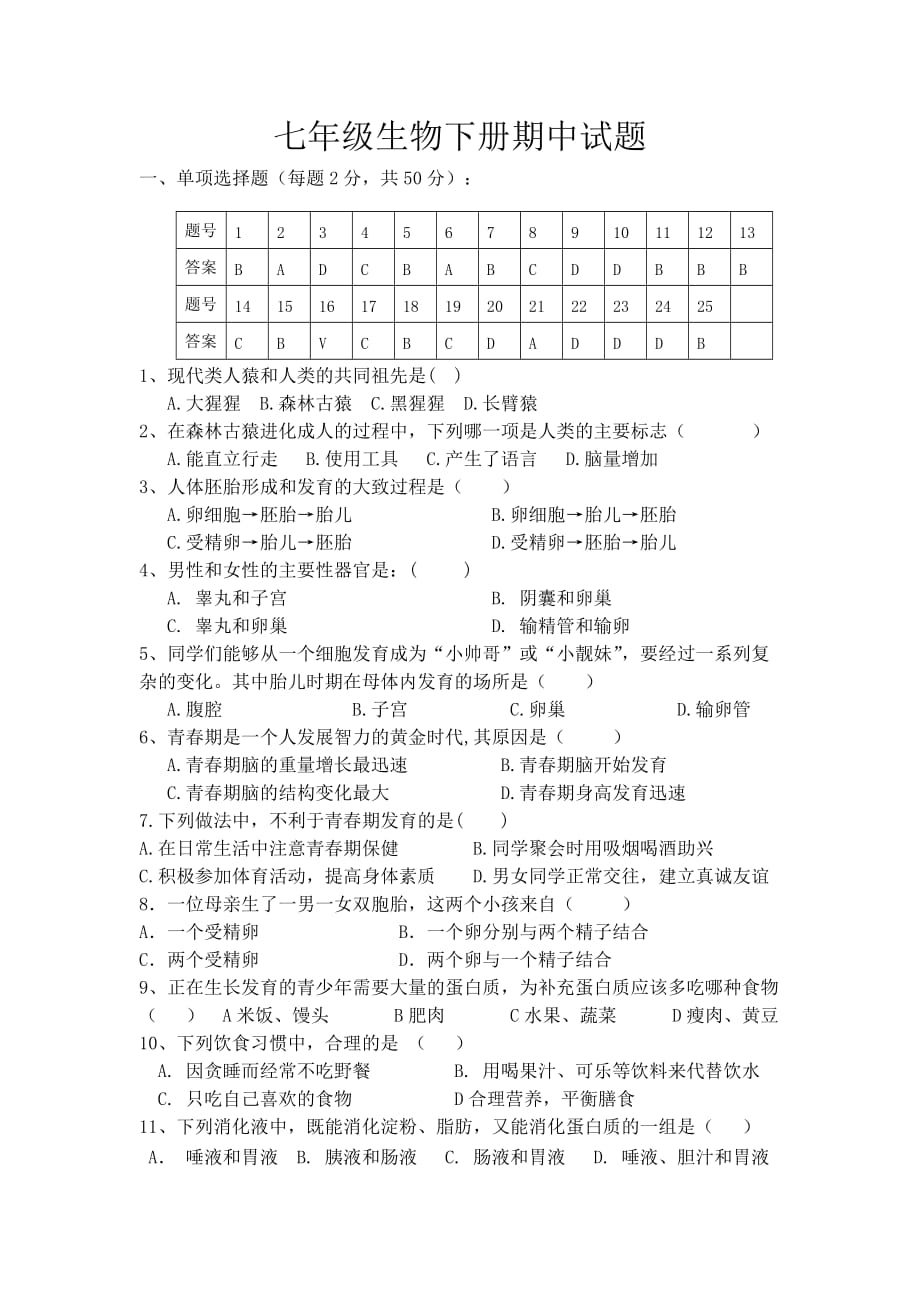 2015春人教版七年级生物下册月测考试试题.doc_第1页