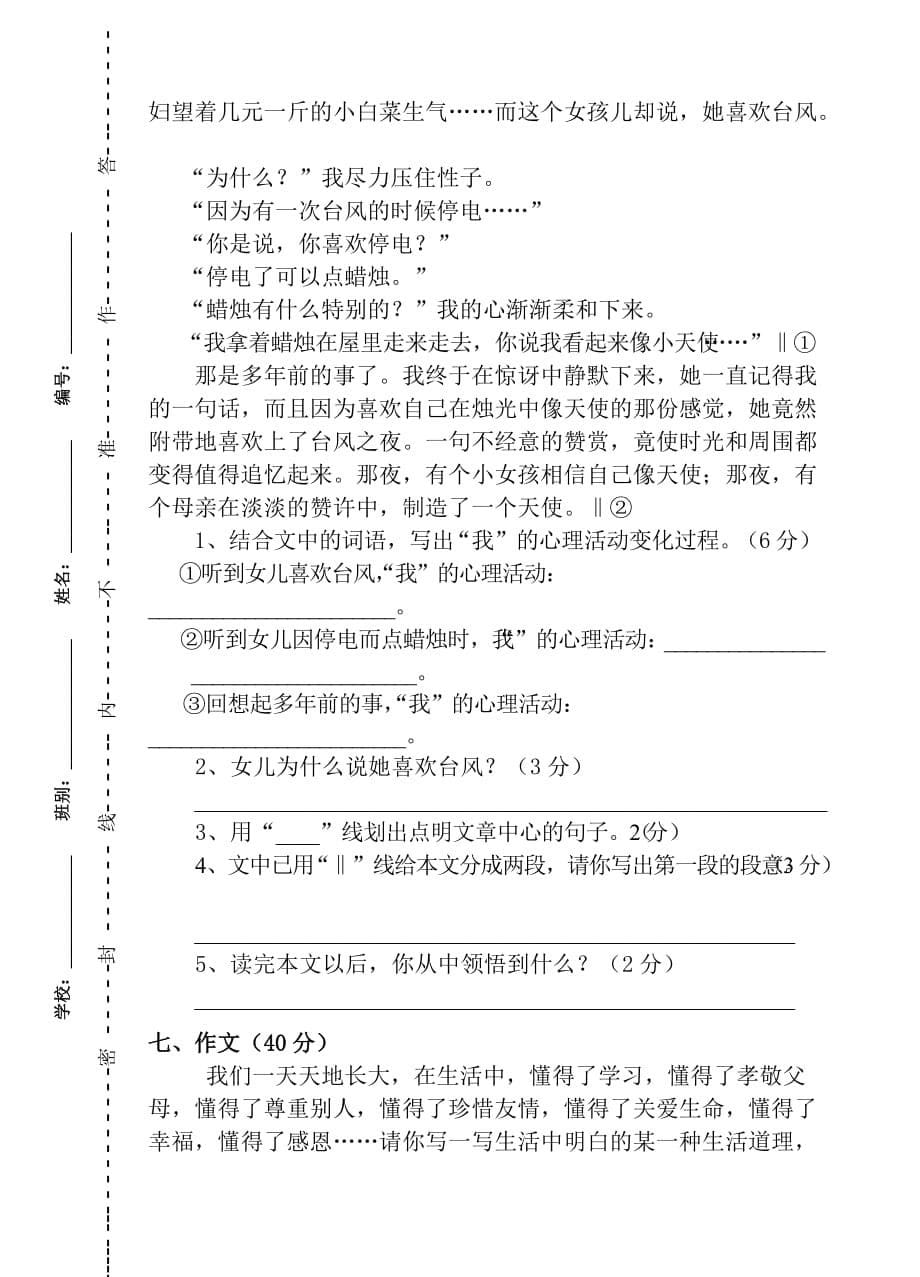 六年级第二学期语文模拟试卷.doc_第5页