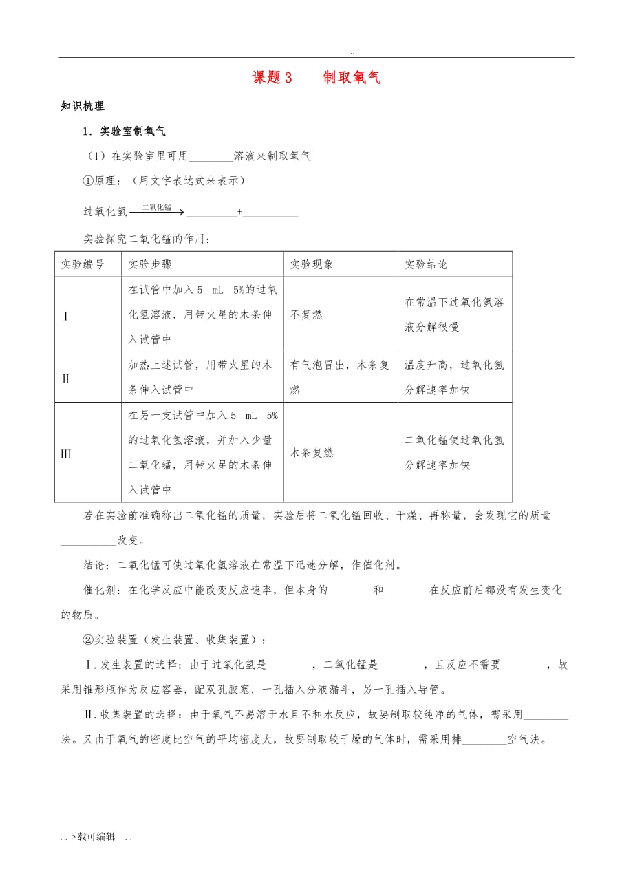 九年级化学（上册）_第二单元_课题3《制取氧气》知识梳理_新人教版_第1页