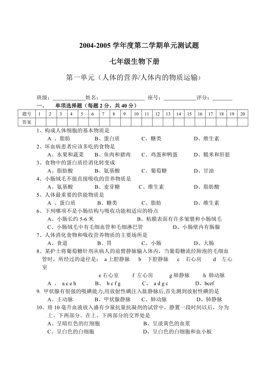 七年级生物下册第一单元测试题_第1页