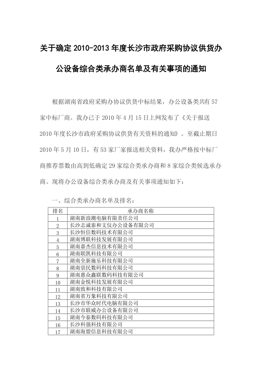 （设备管理）关于确定XXXX年度长沙市政府采购协议供货办公设备类承办商名_第1页