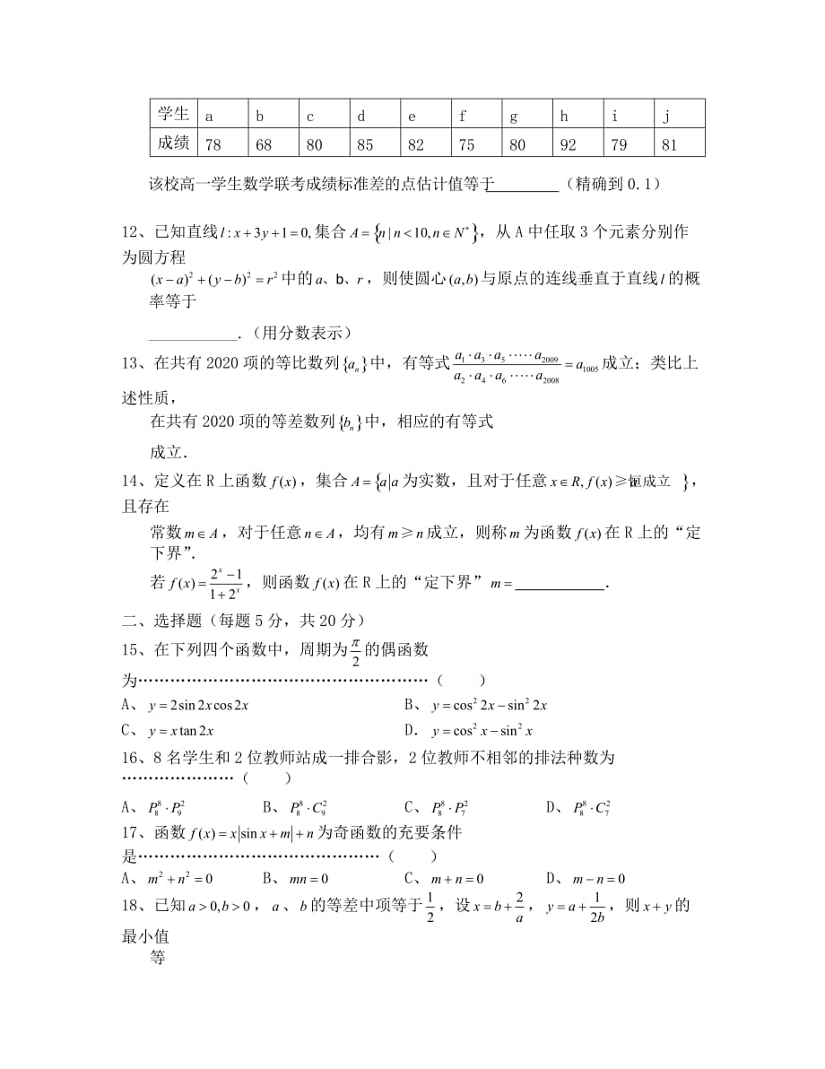 2020崇明县高三期末试卷及答案（数学）_第2页