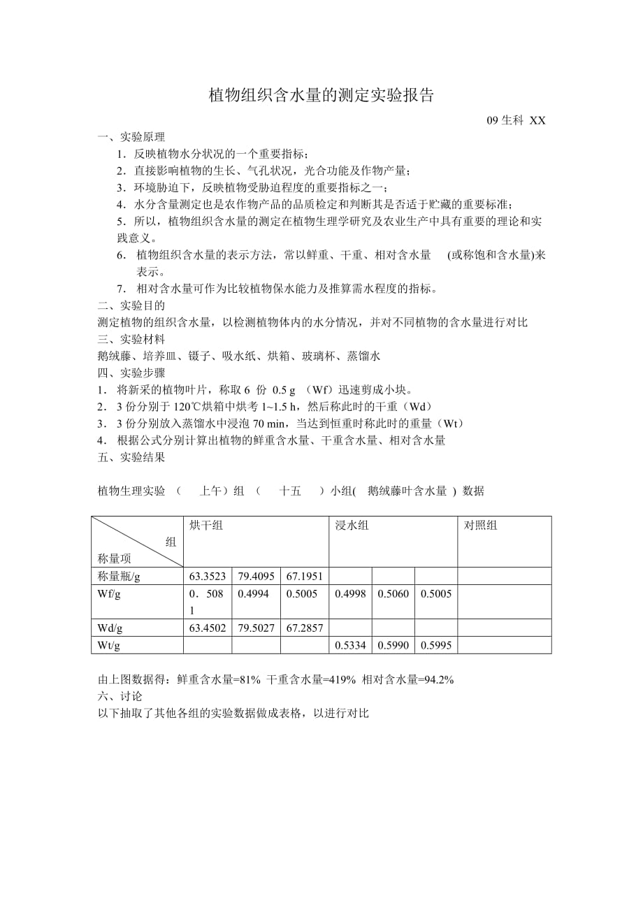 植物组织含水量的测定实验报告.doc_第1页