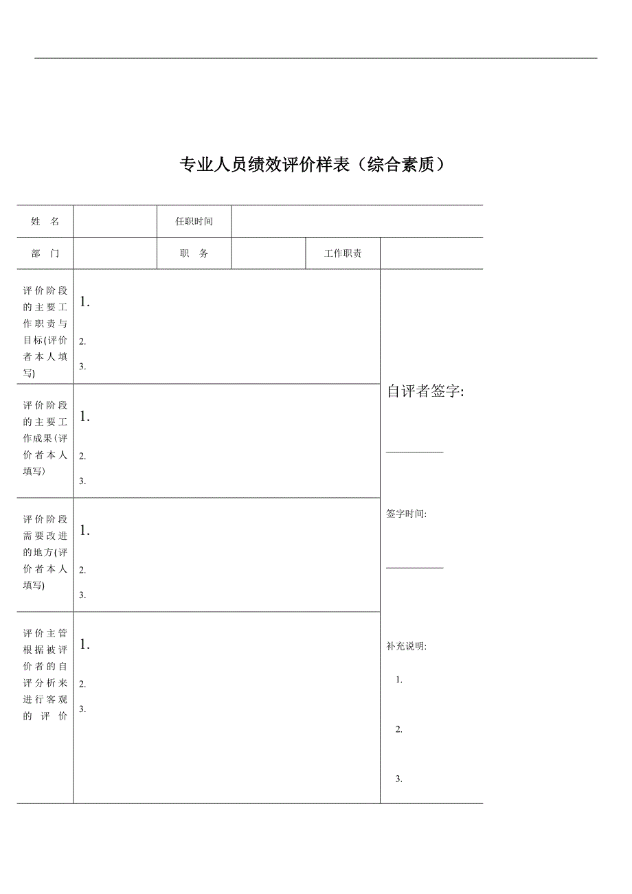 公司人力资源部表格专业人员绩效评价样表（综合素质）_第1页