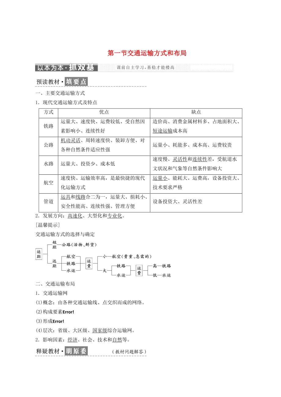 高中地理第五章交通运输布局及其影响第一节交通运输方式和布局学案（含解析）新人教版必修2_第1页