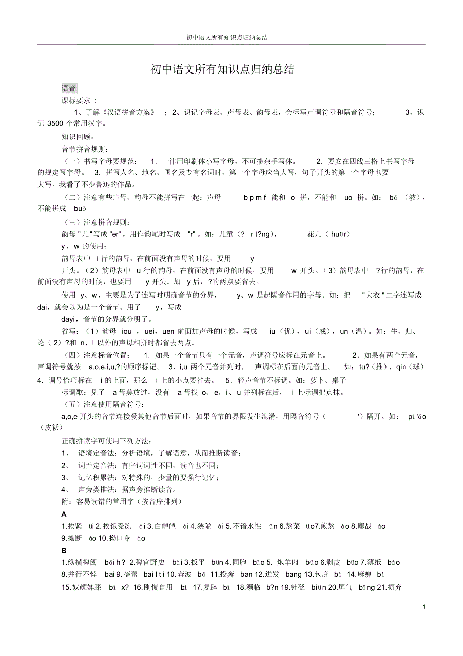 人教版 初中语文所有知识点总结_第1页